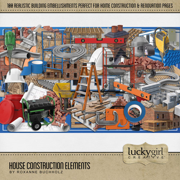 Get ready for some house construction, home improvement, and remodeling with this House Construction digital scrapbooking kit featuring realistic building embellishments. Perfect for documenting building a new home, renovations around your house, house painting, interior decorating, architects, builders, electricians, plumbers, interior designers, handyman projects, draftsmen, construction, and more.