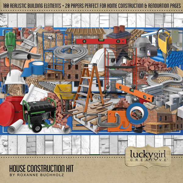Get ready for some house construction, home improvement, and remodeling with this House Construction digital scrapbooking kit featuring realistic building embellishments and neutral papers. Perfect for documenting building a new home, renovations around your house, house painting, interior decorating, architects, builders, electricians, plumbers, interior designers, handyman projects, draftsmen, construction, and more.