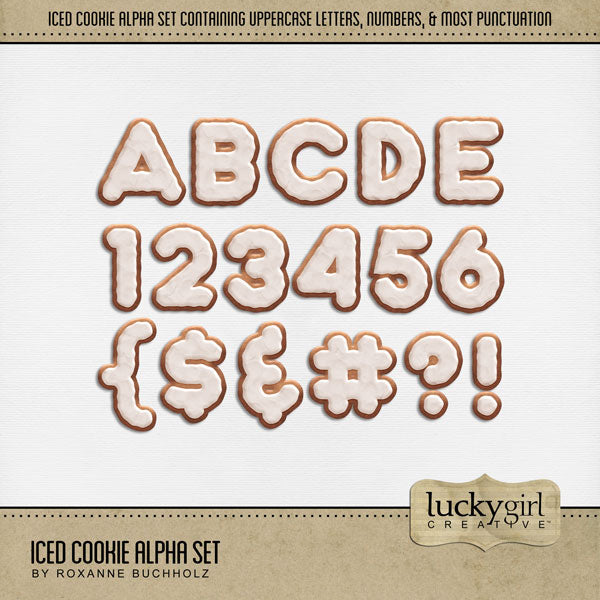 Showcase your favorite cookie desserts, restaurants, recipes, and cookbook favorites with these fun digital scrapbooking alphabet letters, numbers, and punctuation by Lucky Girl Creative digital art great for creating one-of-a-kind page titles. Great for baking, sweet treats, making cookies, and more! This alpha set consists of a full set of digital art uppercase letters A-Z, numbers 0-9, and most punctuation. This alpha set is available as individual embellishments only.