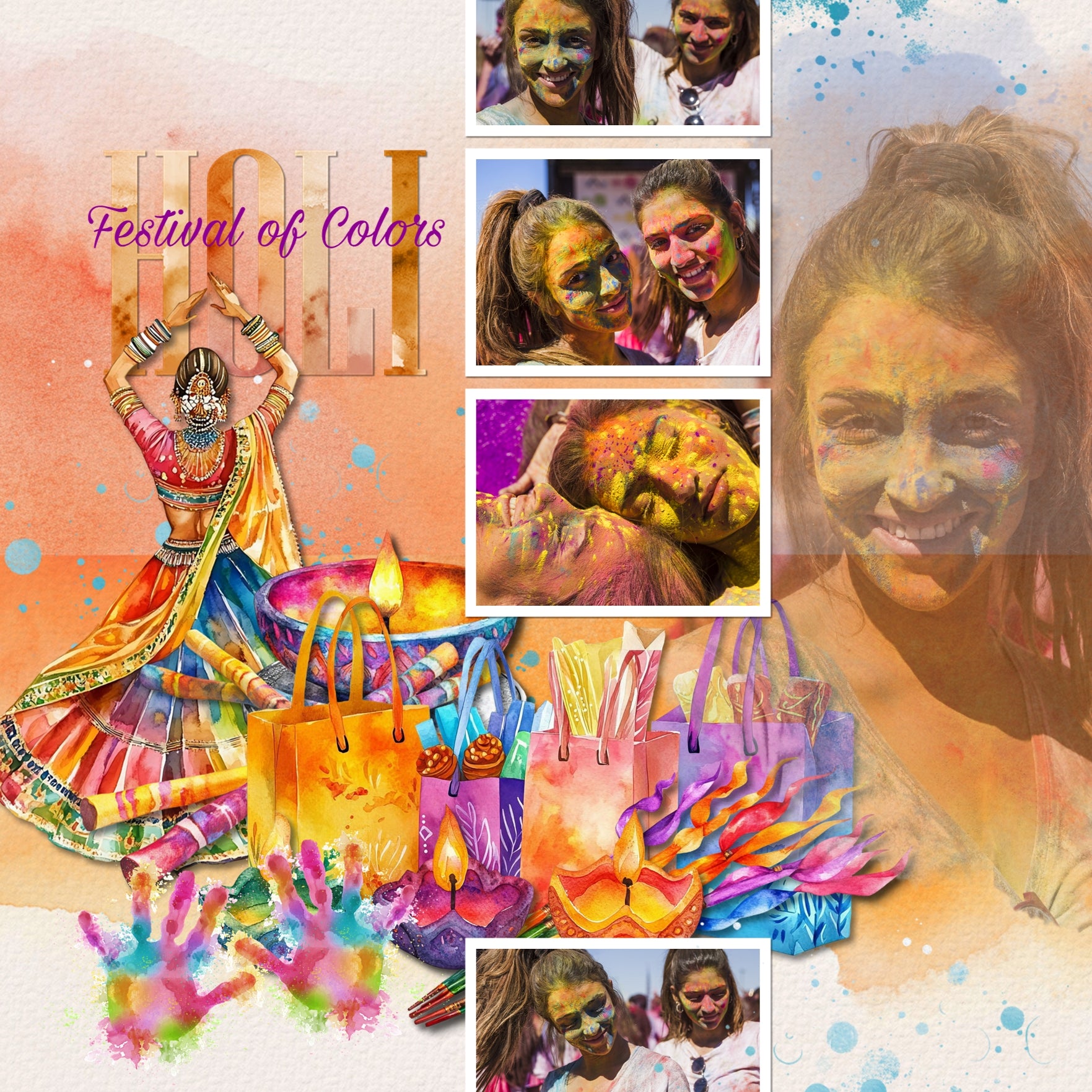 Add these beautiful watercolor embellishments, papers, clusters, and alpha set by Lucky Girl Creative digital art to all your digital scrapbooking pages to easily create memorable Indian pages and albums of travel to India! Great for vacations to India, Indian heritage and traditional holidays, and even Pakistan, Nepal, Bangladesh, Sri Lanka, Maldives, and Afghanistan! Embellishments feature bird, lily pad, brass pot, Buddha, bull, cow, candle, oil lamp, child, kid, city street, Dandiya sticks, and more.