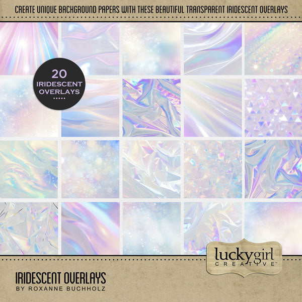 Add beautiful transparent iridescent overlays by Lucky Girl Creative digital art to all your digital scrapbooking pages! In hues of white, pink, blue, and purple, the iridescent overlays add so much sparkle and shine to all your memory keeping projects. Try layering over different colored digital papers to create a one-of-a-kind look! Great for inspirational, party, celebration, and birthday pages. This kit is included in the Iridescent Papers & Overlays Kit.
