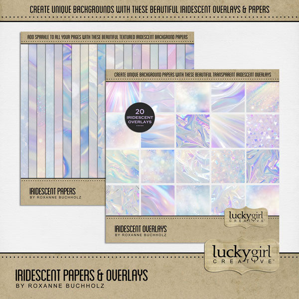 Add beautiful transparent iridescent overlays and textured papers by Lucky Girl Creative digital art to all your digital scrapbooking pages! In hues of white, pink, blue, and purple, the iridescent papers and overlays add so much sparkle and shine to all your memory keeping projects. Try layering over different colored digital papers to create a one-of-a-kind look! Great for inspirational, party, celebration, and birthday pages. This kit includes the Iridescent Papers and the Iridescent Overlays.