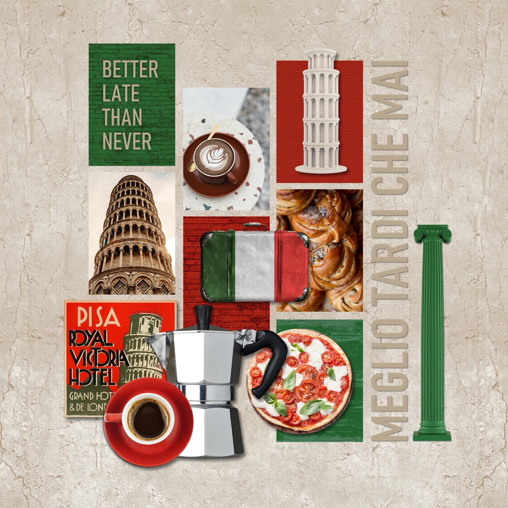Adventure and explore through Italy with this beautiful and realistic travel bundle filled with authentic Italian digital art embellishments, designer digital papers, clusters, hotel luggage labels, postage stamps, and postcards. Whether you have taken a holiday to Italy, love Italian food and cuisine, restaurants, or coffee shops, exploring museums, the theater, or are documenting family genealogy, this collection will authentically accent your photos.