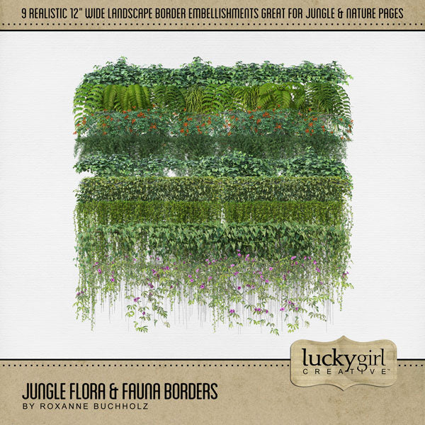 Explore nature and the outdoors with this beautiful tropical leaf and jungle landscape digital scrapbooking 12" border embellishment kit. Great for jungle, zoo, tropical vacations, and more. Features hanging vines, flowers, ivy, ferns, and more. The Jungle Flora & Fauna Borders is included in the Jungle Flora & Fauna Mega Bundle.