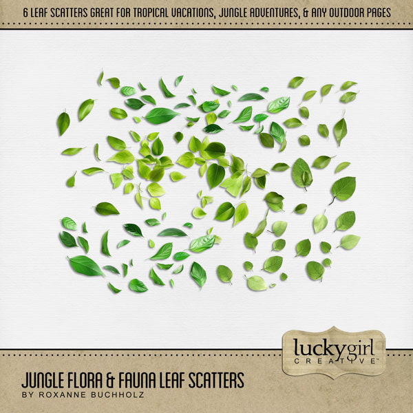 Explore nature and the outdoors with this beautiful realistic scattered leaf embellishment kit by Lucky Girl Creative digital art. Great for vacations, hiking, camping, nature walks, and more. The Jungle Flora & Fauna Leaf Scatters is included in the Jungle Flora & Fauna Mega Bundle.