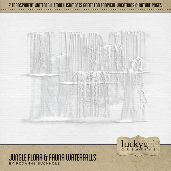 Explore nature and the outdoors with this beautiful realistic waterfall embellishment kit by Lucky Girl Creative digital art. Great for vacations, hiking, camping, and more. The water is transparent allowing the background paper to show through. The Jungle Flora & Fauna Waterfalls is included in the Jungle Flora & Fauna Mega Bundle.