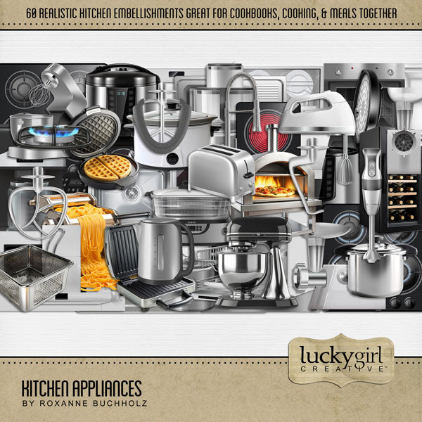 Showcase your favorite food, meals, restaurants, recipes, kitchen, and cookbook favorites with these realistic digital scrapbooking appliance embellishments by Lucky Girl Creative digital art. Great for the chef, baker, cook, cooking, and family dinners. Embellishments include air fryer, hand blender, blender, bread maker, burner, electric cooktop, gas cooktop, crockpot, deep fryer basket, dehydrator, dishwasher, oven, and more.