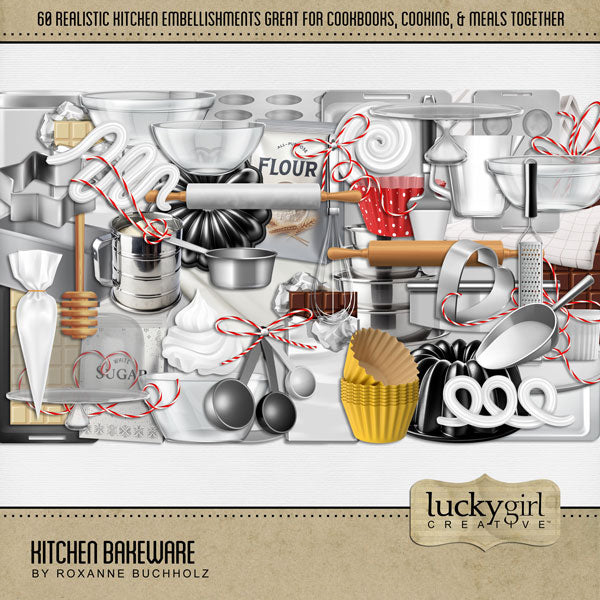 Showcase your favorite food, meals, restaurants, recipes, kitchen, and cookbook favorites with these realistic digital scrapbooking baking embellishments by Lucky Girl Creative digital art. Great for the chef, baker, cook, cooking, and family dinners. Embellishments include flour, sugar, bread pan, Bundt cake tin, cake stand, canister, chocolate bar, cookie cutter, cookie sheet, cupcake wrapper, ramekin dish, flour sifter, and more.