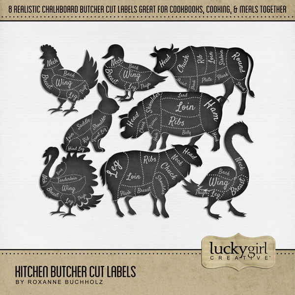 Showcase your favorite food, meals, restaurants, recipes, kitchen, and cookbook favorites with these fun digital scrapbooking butcher cut labels by Lucky Girl Creative digital art featuring various cuts of meat. Embellishments include chicken, duck, rabbit, turkey, goose, pig, sheep, and cow. Great for the chef, cooking, and even grilling! This kit is included in the Kitchen Mega Bundle.
