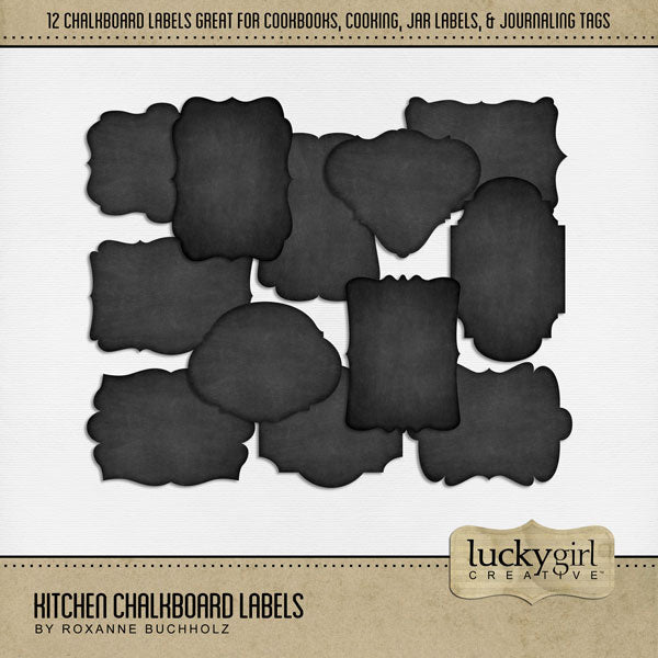 Showcase your favorite food, meals, restaurants, recipes, kitchen, and cookbook favorites with these fun digital scrapbooking chalkboard labels by Lucky Girl Creative digital art. Great for the chef, cook, cooking, canning, and even everyday activities. This kit is included in the Kitchen Mega Bundle.