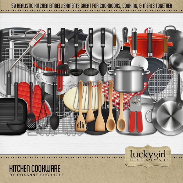 Showcase your favorite food, meals, restaurants, recipes, kitchen, and cookbook favorites with these realistic digital scrapbooking embellishments by Lucky Girl Creative digital art. Great for the chef, cook, cooking, and family dinners. Embellishments include can opener, casserole dish, ceramic cookware, pot, pan, rack, grill, hand towel, oven mitt, hot mitt, oven rack, fry pan, sear pan, peeler, pizza stone, lid, strainer, and more.