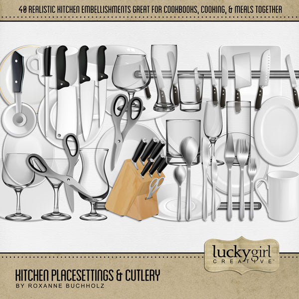 Showcase your favorite food, meals, restaurants, recipes, kitchen, and cookbook favorites with these realistic digital scrapbooking embellishments by Lucky Girl Creative digital art. Great for the chef, cook, cooking, family dinners, and even everyday activities. Embellishments include glasses, glassware, glass, plate, plates, dishes, bowl, cup, mug, knife, knives, pizza cutter, scissors, knife block, silverware, utensils, fork, knife, and more.