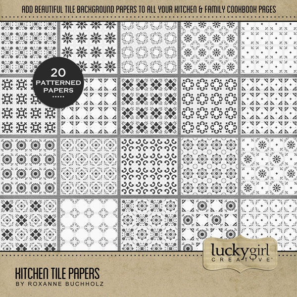 Showcase your favorite food, meals, restaurants, recipes, kitchen, and cookbook favorites with these versatile digital scrapbooking papers featuring various tile patterns by Lucky Girl Creative digital art. Great for kitchen and bathroom renovations, too! This kit is NOT included in any bundle.
