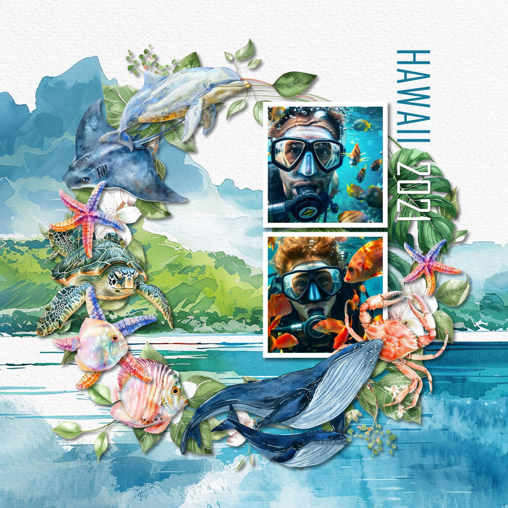 Add these beautiful watercolor digital scrapbooking embellishments and papers by Lucky Girl Creative digital art to all your Hawaiian, Caribbean, summer, and tropical digital scrapbooking pages and albums! Great for vacations to Hawaii, Caribbean, the South Pacific, Polynesia, and other tropical locations. Embellishments include flamingo, parrot, crab, dolphin, fish, marlin, gecko, octopus, oyster, lizard, iguana, sea turtle, sting ray, fish, whale, luau, orca, bamboo, beach towel, cruise ship, and more.