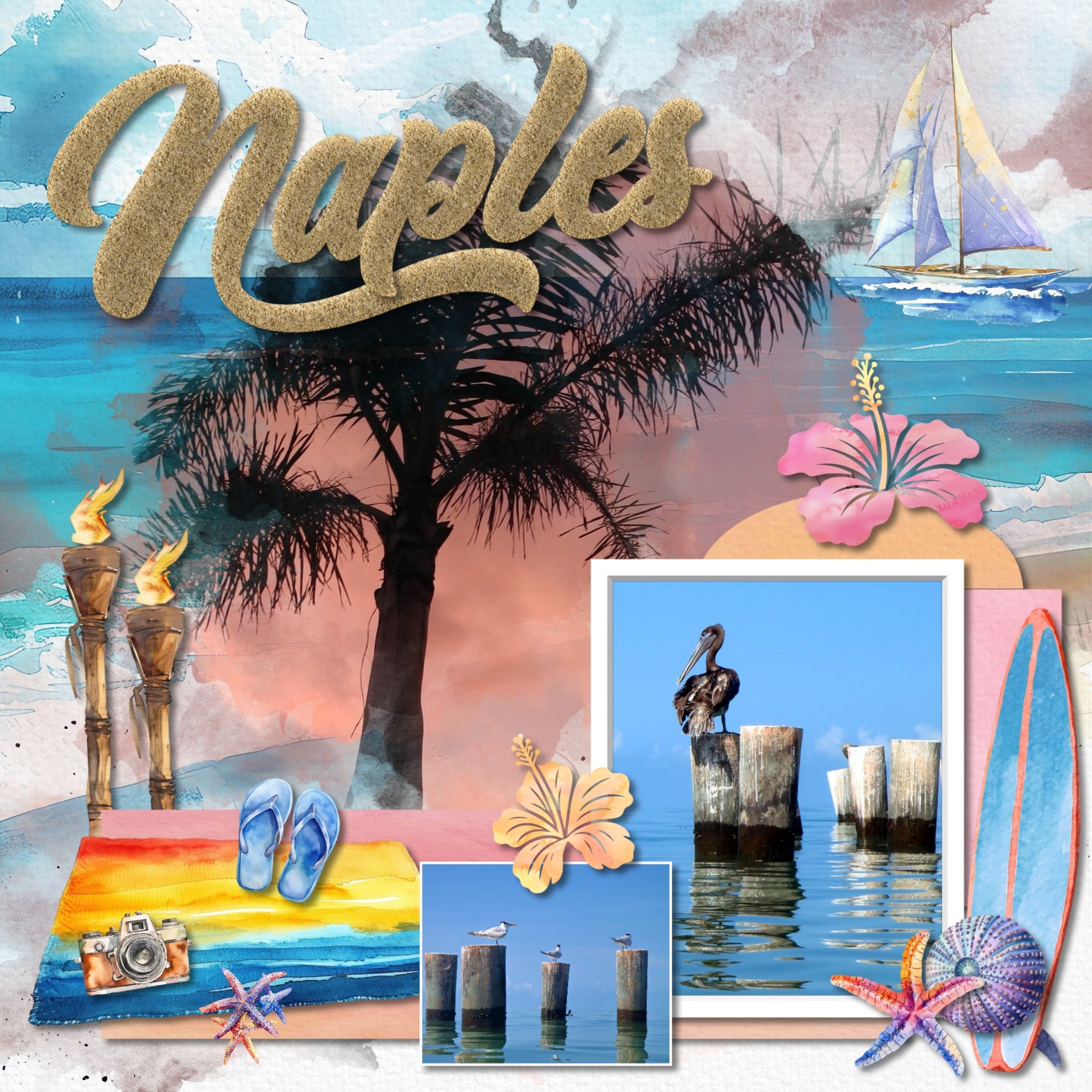 Add these beautiful watercolor digital scrapbooking embellishments and papers by Lucky Girl Creative digital art to all your Hawaiian, Caribbean, summer, and tropical digital scrapbooking pages and albums! Great for vacations to Hawaii, Caribbean, the South Pacific, Polynesia, and other tropical locations. Embellishments include flamingo, parrot, crab, dolphin, fish, marlin, gecko, octopus, oyster, lizard, iguana, sea turtle, sting ray, fish, whale, luau, orca, bamboo, beach towel, cruise ship, and more.