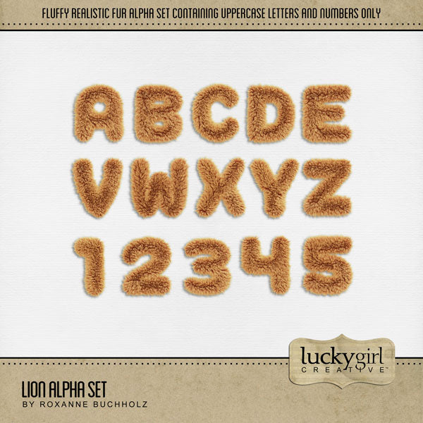 Showcase your family memories with this versatile fur digital alpha set by Lucky Girl Creative. Perfect for Halloween, pets, cats and dogs, or trips to the zoo. The entire collection is inspired by the Wizard of Oz with an Over the Rainbow theme. The Lion Alpha Set consists of a full set of digital art uppercase letters and numbers 0-9. This alpha set is available as individual embellishments only.