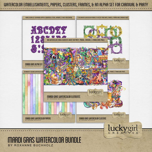 Add these festive watercolor embellishments, papers, clusters, frames, and alpha set by Lucky Girl Creative digital art to all your digital scrapbooking pages celebrating the carnival, circus, a parade, or Mardi Gras holiday party in New Orleans! Embellishments include kitty cat, peacock, balloons, banner, bunting, beads, bow tie, top hat, confetti, dancers, dancing, crowd, disco ball, cocktail, drink, shot, fleur de lis, carnival bus, parade float, car, cake, candy, crawfish, lobster, cupcake, and more.