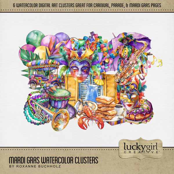 Add these festive photo clusters by Lucky Girl Creative digital art to all your digital scrapbooking pages celebrating the carnival, circus, a parade, or Mardi Gras holiday party in New Orleans! Create your layouts in a fast and easy fashion! This kit is included in the Mardi Gras Watercolor Bundle.