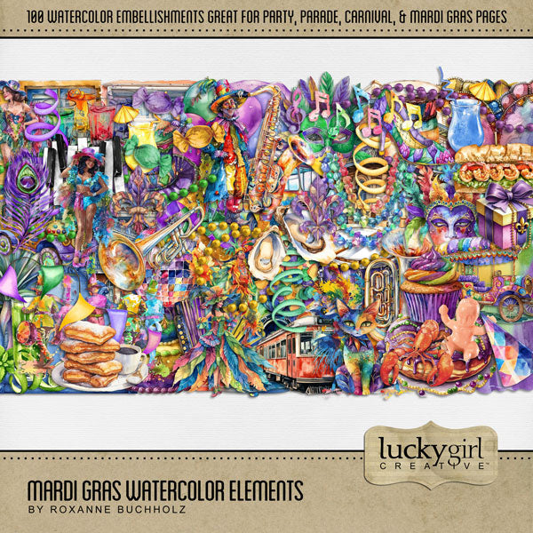 Add these festive watercolor embellishments by Lucky Girl Creative digital art to all your digital scrapbooking pages celebrating the carnival, circus, a parade, or Mardi Gras holiday party in New Orleans! Embellishments include kitty cat, peacock, balloons, banner, bunting, beads, bow tie, top hat, confetti, dancers, dancing, crowd, disco ball, cocktail, drink, shot, fleur de lis, carnival bus, parade float, car, cake, candy, crawfish, lobster, cupcake, beignets, coffee, king cake, plastic baby, and more.