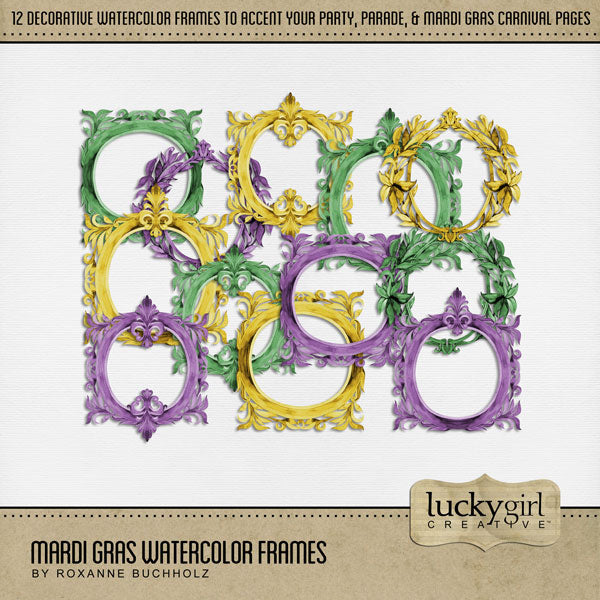 Add these festive purple, green, and yellow decorative photo frames by Lucky Girl Creative digital art to all your digital scrapbooking pages celebrating the carnival, circus, a parade, or Mardi Gras holiday party in New Orleans! This kit is included in the Mardi Gras Watercolor Bundle.