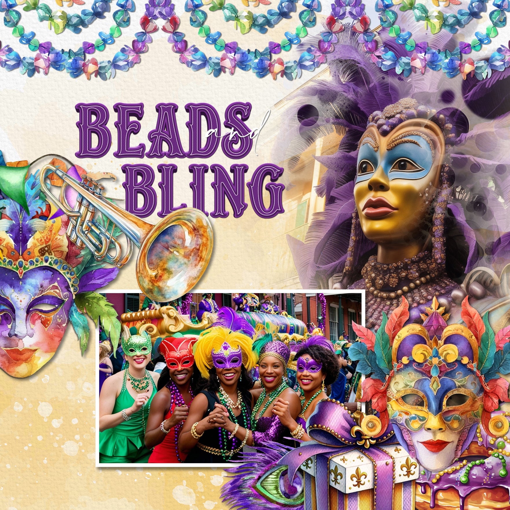 Add these festive photo clusters by Lucky Girl Creative digital art to all your digital scrapbooking pages celebrating the carnival, circus, a parade, or Mardi Gras holiday party in New Orleans! Create your layouts in a fast and easy fashion! This kit is included in the Mardi Gras Watercolor Bundle.