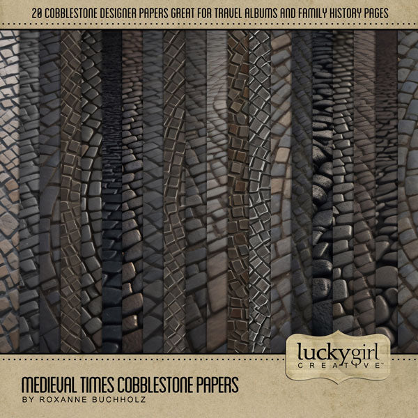 Great for genealogy and family history albums, trips to Renaissance Fairs or Medieval Faire Festivals, and vacations to Europe and other historic castle sites, these beautiful realistic digital scrapbooking papers by Lucky Girl Creative digital art are the perfect accent for your digital scrapbooking page backgrounds.