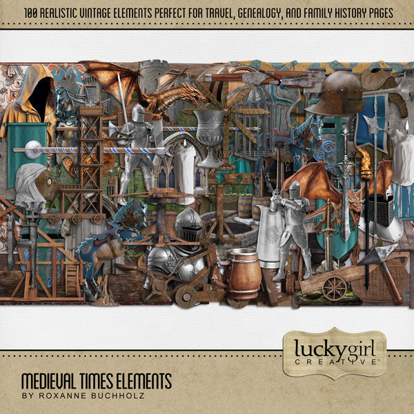 Great for genealogy and family history albums, trips to Renaissance Fairs or Medieval Faire Festivals, and vacations to Europe and other historic sites, these beautiful realistic digital scrapbooking elements by Lucky Girl Creative digital art are the perfect accent for your digital scrapbooking pages.