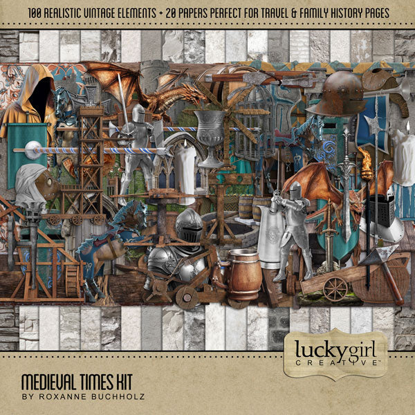 Great for genealogy and family history albums, trips to Renaissance Fairs or Medieval Faire Festivals, and vacations to Europe and other historic sites, these beautiful realistic digital scrapbooking elements and versatile stone papers by Lucky Girl Creative digital art are the perfect accent for your digital scrapbooking pages and albums.