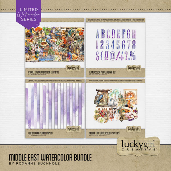 Add these beautiful watercolor embellishments, papers, clusters, and alpha set by Lucky Girl Creative digital art to all your digital scrapbooking pages to easily create memorable Middle Eastern pages and albums! Great for vacations and holidays to the Arab world including Bahrain, Egypt, Iran, Iraq, Israel, Jordan, Kuwait, Lebanon, Oman, Palestine, Qatar, Saudi Arabia, Syria, Turkey, the United Arab Emirates, and Yemen. Embellishments include animal, bird, dove, falcon, vulture, buzzard, camel, and more.