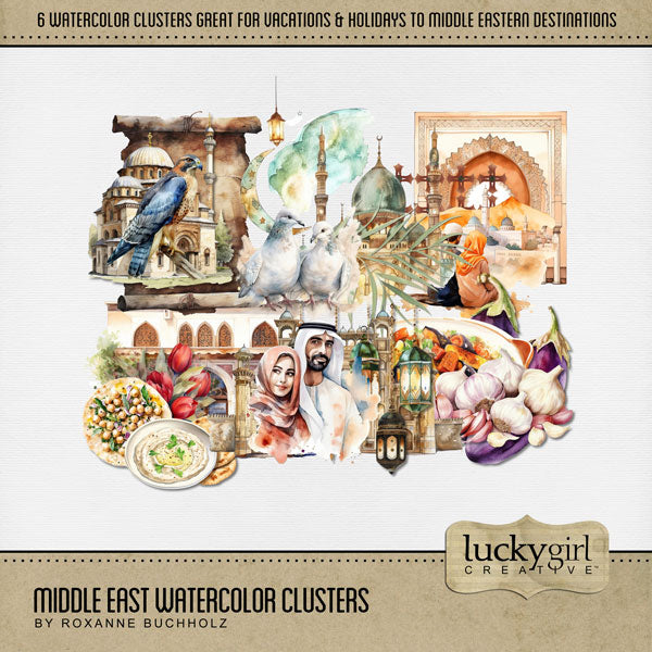 Add these beautiful watercolor clusters by Lucky Girl Creative digital art to all your digital scrapbooking pages to easily create memorable Middle Eastern pages and albums! Great for vacations and holidays to the Arab world including Bahrain, Egypt, Iran, Iraq, Israel, Jordan, Kuwait, Lebanon, Oman, Palestine, Qatar, Saudi Arabia, Syria, Turkey, the United Arab Emirates, and Yemen. Embellishments include architecture, mosque, dove, lantern, food, eggplant, garlic, falcon, chickpeas, hummus, and more.