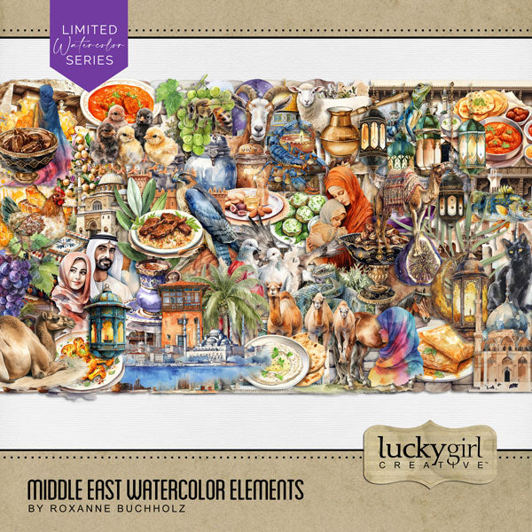 Add these beautiful watercolor embellishments by Lucky Girl Creative digital art to all your digital scrapbooking pages to easily create memorable Middle Eastern pages and albums! Great for vacations and holidays to the Arab world including Bahrain, Egypt, Iran, Iraq, Israel, Jordan, Kuwait, Lebanon, Oman, Palestine, Qatar, Saudi Arabia, Syria, Turkey, the United Arab Emirates, and Yemen. Embellishments include animal, dove, falcon, vulture, buzzard, camel, chicken, chicks, fish, goat, horse, and more.