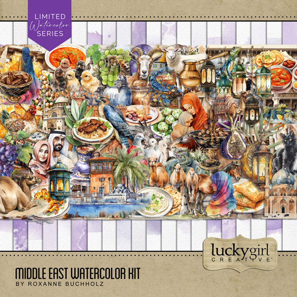 Add these beautiful watercolor embellishments and papers by Lucky Girl Creative digital art to all your digital scrapbooking pages to easily create memorable Middle Eastern pages and albums! Great for vacations and holidays to the Arab world including Bahrain, Egypt, Iran, Iraq, Israel, Jordan, Kuwait, Lebanon, Oman, Palestine, Qatar, Saudi Arabia, Syria, Turkey, the United Arab Emirates, and Yemen. Embellishments include animal, bird, dove, falcon, vulture, buzzard, camel, chicken, chicks, fish, and more.
