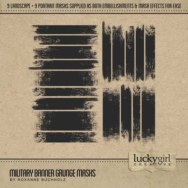 This Military Banner Grunge Masks Digital Scrapbook Kit by Lucky Girl Creative has everything you need to celebrate and honor your favorite soldier or military hero - no matter what country you're from. Each grunge banner is unique and perfect for telling your modern day or genealogy story. Use as is or fill with your favorite paper, texture, or photo with a clipping path.