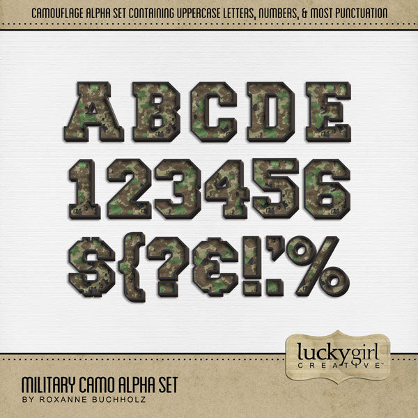 Add a touch of camo to your page titles celebrating your favorite soldier or military hero. Beautifully designed by Lucky Girl Creative digital art, these digital scrapbooking camouflage alphabet letters, numbers, and punctuation are perfect for honoring the Armed Forces, Veteran's Day, Independence Day, 4th of July, and other patriotic and freedom ceremonies. The collection was inspired by all branches of the military including Army, Navy, Air Force, Marines, Coast Guard, and Space Force.