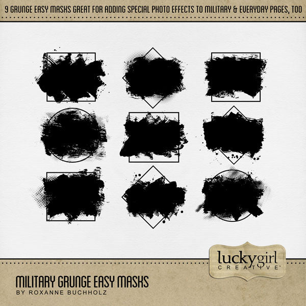 This digital scrapbooking photo masks kit by Lucky Girl Creative digital art is packed with action and adventure. Perfect for honoring the Armed Forces, Veteran's Day, Independence Day, 4th of July, and other patriotic and freedom ceremonies. The collection was inspired by all branches of the military including Army, Navy, Air Force, Marines, Coast Guard, and Space Force.