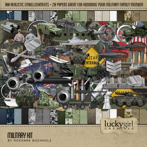 This modern Military Digital Scrapbook Kit by Lucky Girl Creative has everything you need to celebrate and honor your favorite soldier or military hero - no matter what country you're from. Each element is unique and perfect for telling your modern day or genealogy story.
