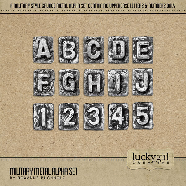 This silver grunge Military Metal Alpha Set by Lucky Girl Creative will perfectly accent your pages made to celebrate and honor your favorite soldier or military hero - no matter what country you're from. Each metal piece is unique and perfect for telling your modern day or genealogy story.