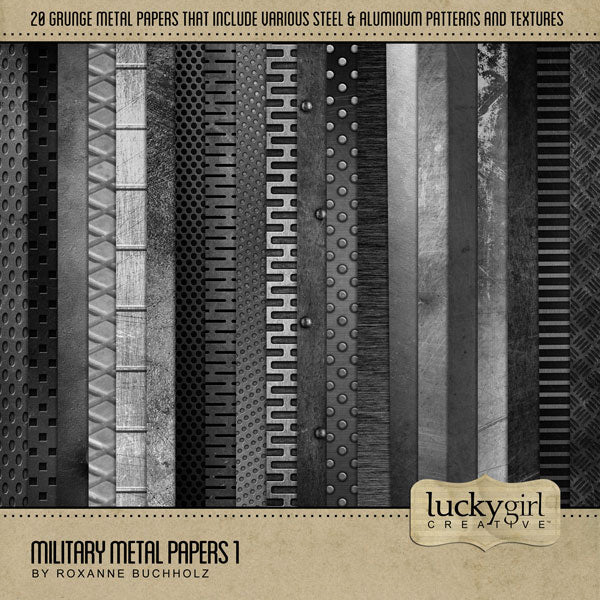 In a color palette of stainless silver, black, and steel gray, this Military Metal Papers 1 Digital Scrapbook Kit by Lucky Girl Creative has everything you need to celebrate and honor your favorite soldier or military hero - no matter what country you're from. Each digital paper is unique and perfect for telling your modern day or genealogy story.