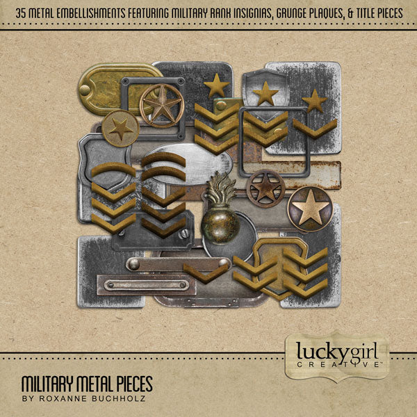 In a color palette of stainless silver, steel gray, bronze, gold, and copper, this grunge Military Metal Pieces Digital Scrapbook Kit by Lucky Girl Creative has everything you need to celebrate and honor your favorite soldier or military hero - no matter what rank or country you're from. Each digital element is unique and perfect for telling your modern day or genealogy story.