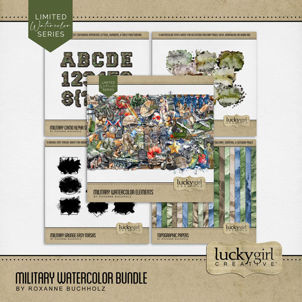 These watercolor embellishments, topographic papers, grunge easy masks, and camo alpha set by Lucky Girl Creative digital art are packed with action and adventure. Perfect for honoring the Armed Forces, Veteran's Day, Independence Day, 4th of July, and other patriotic and freedom ceremonies. The collection was inspired by all branches of the military including Army, Navy, Air Force, Marines, Coast Guard, and Space Force. Embellishments include aircraft carrier, camo, camouflage, ship, aircraft, and more.