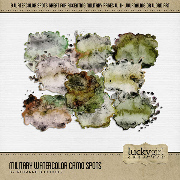 This digital scrapbooking watercolor camo spot kit by Lucky Girl Creative digital art is packed with action and adventure. Perfect for honoring the Armed Forces, Veteran's Day, Independence Day, 4th of July, and other patriotic and freedom ceremonies. The camouflage collection was inspired by all branches of the military including Army, Navy, Air Force, Marines, Coast Guard, and Space Force. This kit is included in the Military Watercolor Bundle.