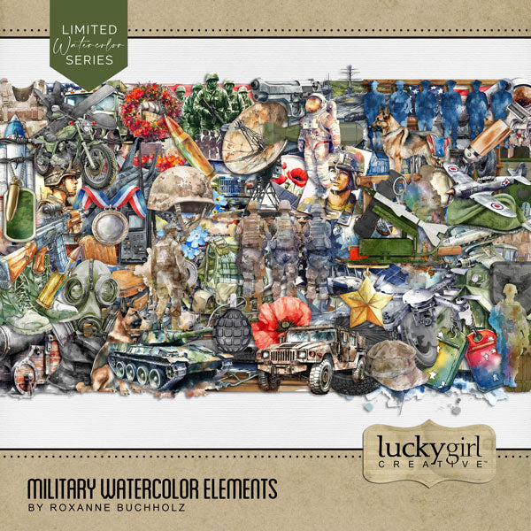 This military watercolor embellishments kit by Lucky Girl Creative digital art is packed with action and adventure. Perfect for honoring the Armed Forces, Veteran's Day, Independence Day, 4th of July, and other patriotic and freedom ceremonies. The collection was inspired by all branches of the military including Army, Navy, Air Force, Marines, Coast Guard, and Space Force. Embellishments include aircraft carrier, camo, camouflage, ship, aircraft, airplane, jet fighter, vintage airplane, dog, and more.
