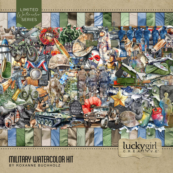 These watercolor embellishments and topographic papers by Lucky Girl Creative digital art are packed with action and adventure. Perfect for honoring the Armed Forces, Veteran's Day, Independence Day, 4th of July, and other patriotic and freedom ceremonies. The collection was inspired by all branches of the military including Army, Navy, Air Force, Marines, Coast Guard, and Space Force. Embellishments include aircraft carrier, camo, camouflage, ship, aircraft, airplane, jet fighter, and more.