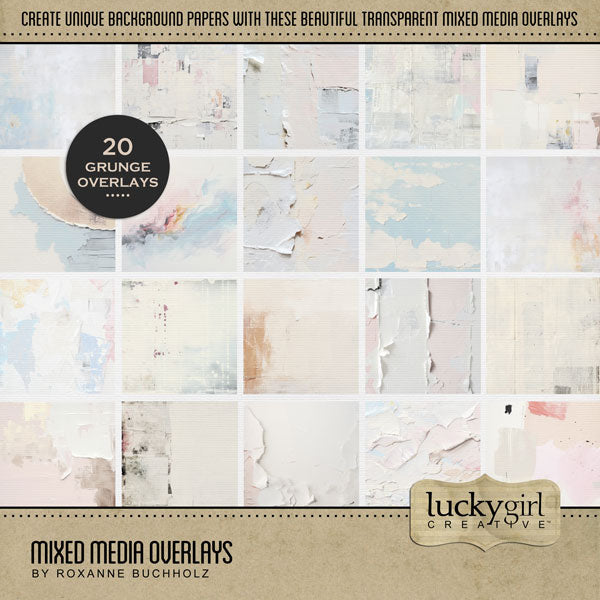Add beautiful transparent overlays by Lucky Girl Creative digital art to all your digital scrapbooking papers and pages! In hues of tan, beige, pink, and blue, the torn and tattered collaged overlays add so much warmth and depth to all your memory keeping projects. Try layering over different colored digital papers to create a one-of-a-kind look! Great for vintage, family history, genealogy, and everyday pages, too!