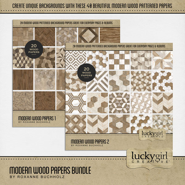 Add these bold and modern wood patterned background papers by Lucky Girl Creative digital art to all your digital scrapbooking pages. Great for mixing-and-matching on your everyday projects.