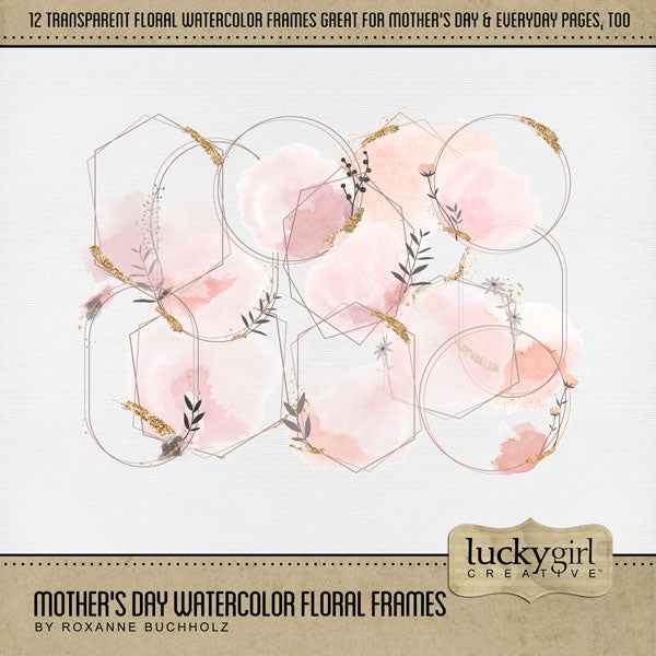 Add a touch of warmth to your summer, spring, wedding, Mother's Day, birthday, and girl-themed pages with these transparent watercolor floral frames in shades of pink with splashes of gold glitter by Lucky Girl Creative digital art for digital scrapbooking. This kit is included in the Mother's Day Watercolor Bundle.
