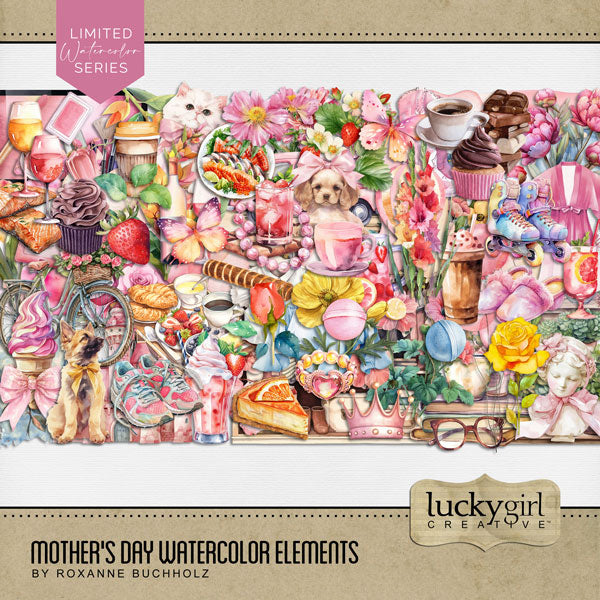 Add a touch of warmth to your summer, spring, Mother's Day, birthday, and girl-themed pages with these beautiful watercolor embellishments by Lucky Girl Creative digital art for digital scrapbooking. Embellishments include kitty cat, puppy dog, balloon, bicycle, bike, books, tea cup, flowers, roses, bouquet, wildflowers, breakfast in bed tray, butterfly, VW bug, castle, clipboard, bookcase, blouse, shirt, denim skirt, robe, cowgirl boots, slippers, t-shirt, color splash, tablet, computer screen, and more.