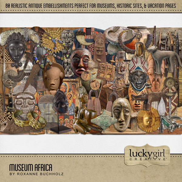 Beautifully curated by Lucky Girl Creative digital art, the Museum Africa digital scrapbook kit features realistic antique artifacts, ancient paintings, wood carvings, stone sculpture, hammered gold, vintage ceramic pottery, tribal jewelry, masks, shields, and spears from Africa. Perfect for documenting school field trips to the museum, vacations to historic sites, travel, genealogy, family history, hobbies, and more!
