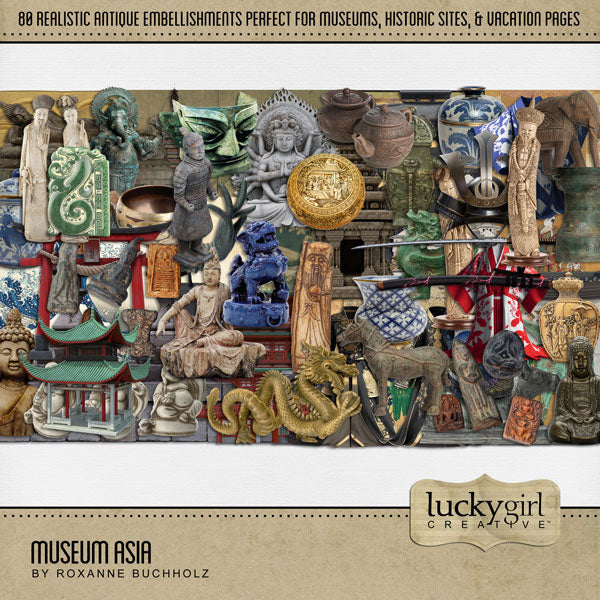 Beautifully curated by Lucky Girl Creative digital art, the Museum Asia digital scrapbook kit features realistic antique artifacts, ancient paintings, wood carvings, stone sculpture, architecture, vintage ceramic pottery, masks, and clothes and costumes from Asia including China, Japan, Southeast Asia. Perfect for documenting school field trips to the museum, vacations to historic sites, travel, genealogy, family history, hobbies, and more!