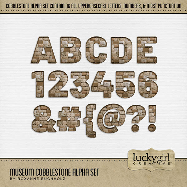Beautifully designed by Lucky Girl Creative digital art, these digital scrapbooking alphabet letters, numbers, and punctuation are perfect for documenting school field trips to the museum, vacations to historic sites in Europe, travel, genealogy, family history, and more! The Museum Cobblestone Alpha Set consists of a full set of digital art uppercase letters A-Z, numbers 0-9, and most punctuation.